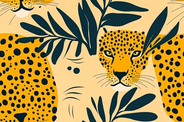 Leopard print seamless pattern. Yellow hand drawn background.