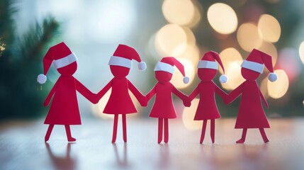 Festive family of red paper figures in santa hats celebrating christmas