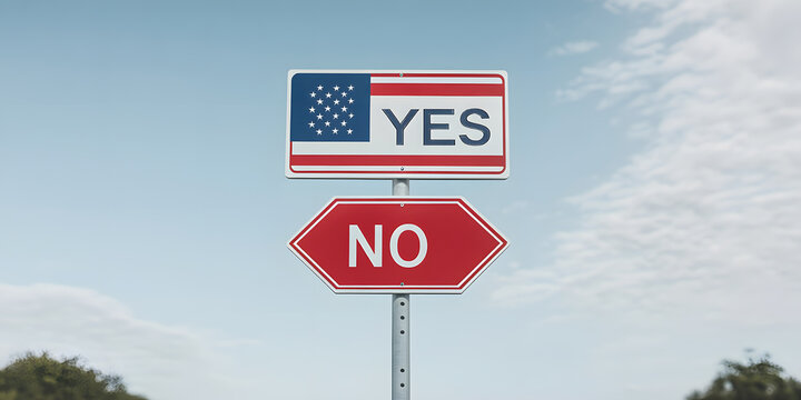 A road sign features 'YES' with the nation's flag above a 'NO', against a light blue sky. The signs symbolize choices, decisions and divergent viewpoints.