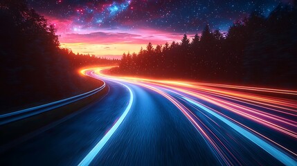 Night road, curving path, forest, starscape, speed, travel poster