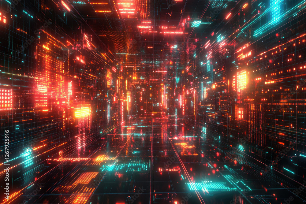Poster A futuristic digital tunnel with glowing orange and teal data streams, visualizing a vibrant network or cyberspace.