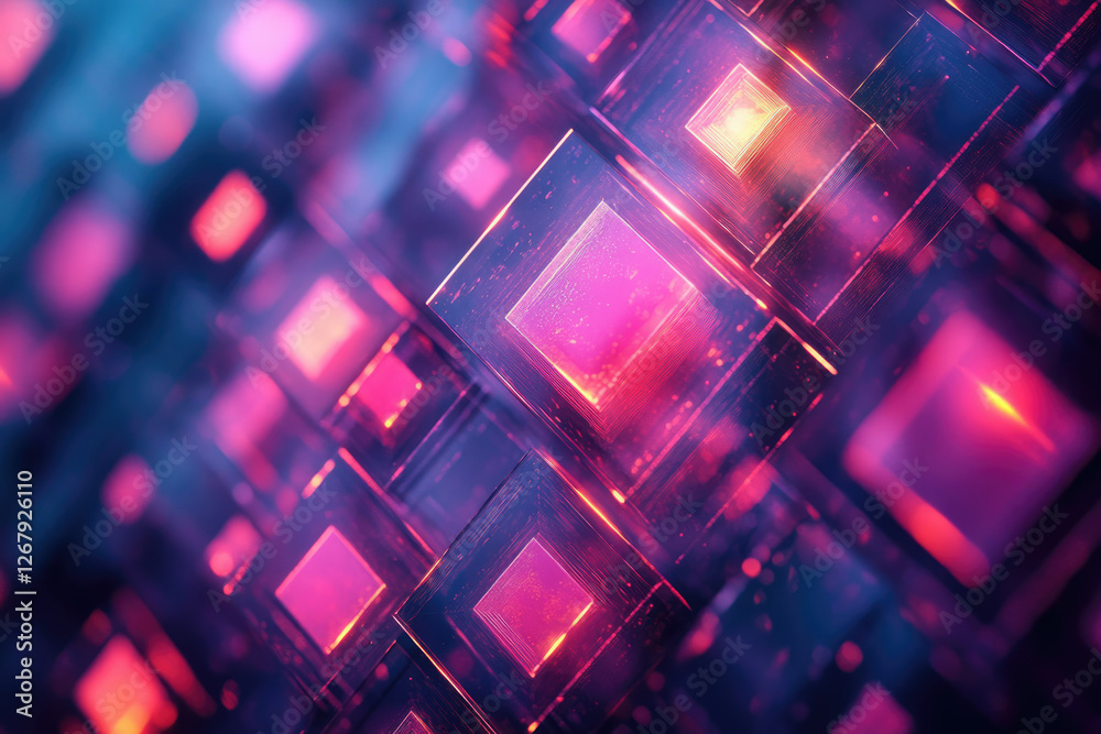 Poster abstract image of glowing pink and purple cubes, creating a futuristic and technological feel.