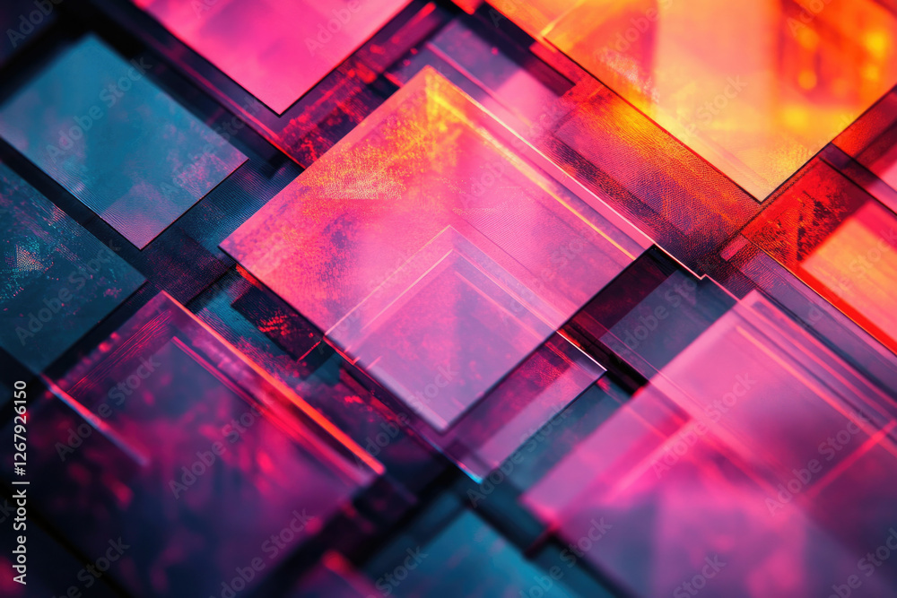 Poster abstract image featuring vibrant pink, red, and blue geometric shapes, creating a dynamic and layere