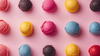 Obraz premium Colorful ice cream scoops on pink background with variety of flavors