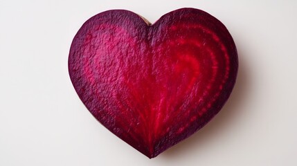 Heart-shaped beetroot slice on white background displaying rich red texture