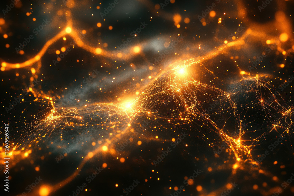 Aufkleber Abstract cosmic landscape with glowing particles and interconnected lines forming a nebula-like structure.