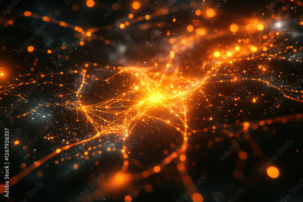 Poster Abstract glowing network of interconnected nodes and lines, fiery orange and dark background.