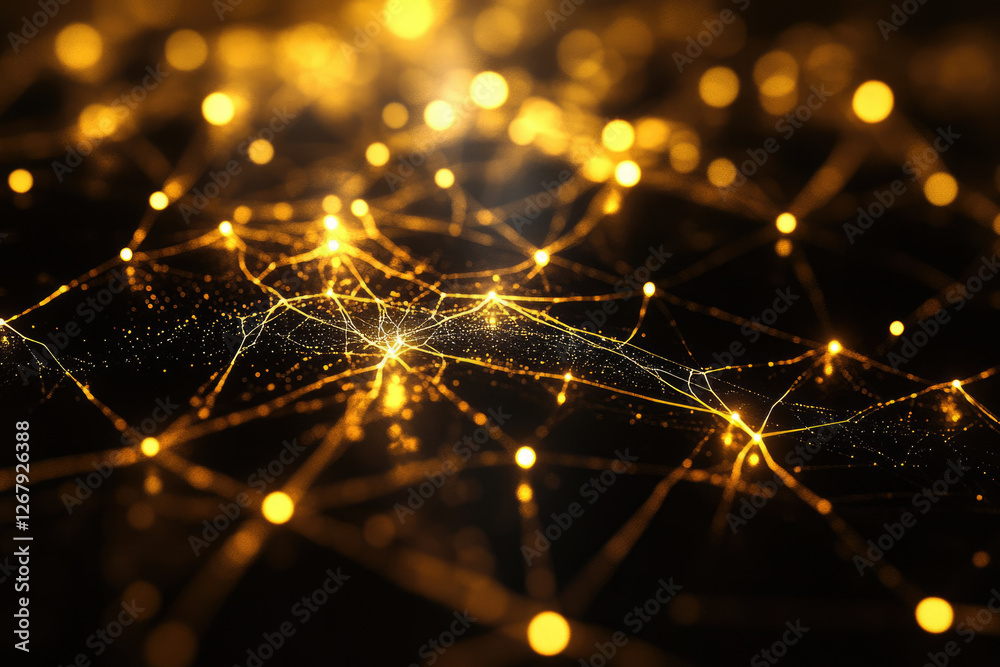 Aufkleber abstract golden network, interconnected nodes glowing brightly in the dark, representing global conn