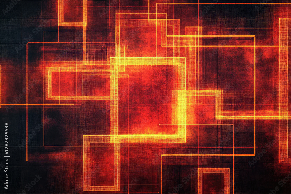 Poster abstract digital art featuring glowing orange squares and rectangles on a dark red background.