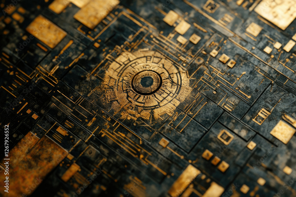 Poster close-up of a dark, textured surface with gold circuitry and a central circular design, evoking a fu