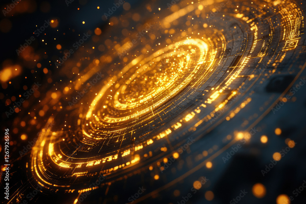 Poster abstract digital art depicting swirling golden circuitry and particles, futuristic technology.