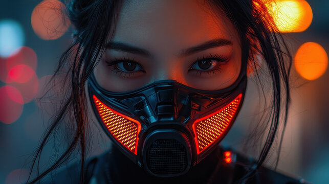 High-tech breathwork training mask showcases futuristic fitness technology with glowing filtration and AI tracking in a cyberpunk setting - Powered by Adobe