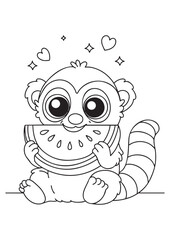 Coloring book  lemur enjoying a slice of watermelon. Perfect for kids creative