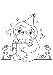 Coloring book cute sloth celebrating with a gift and party hat. Perfect for birthdays and fun