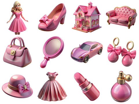 Collection of pink princess doll 3d icons isolated on the transparent background