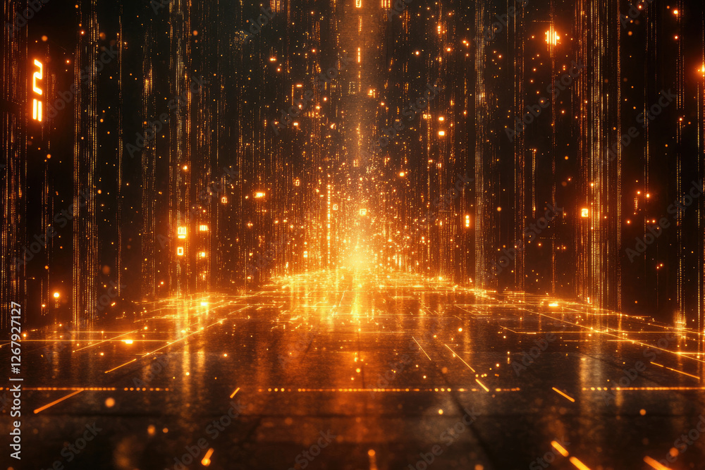 Poster A digital corridor with glowing orange particles and lines, creating a futuristic and abstract scene.