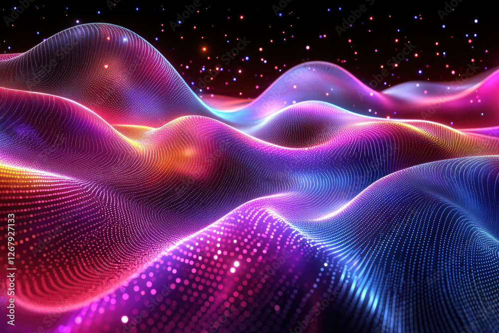 Poster Abstract digital landscape with vibrant neon colors and glowing particles, creating a mesmerizing wave effect.
