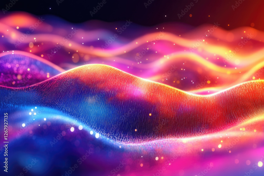 Aufkleber abstract vibrant waves of particles, glowing with blue, pink, and orange hues, creating a dynamic an