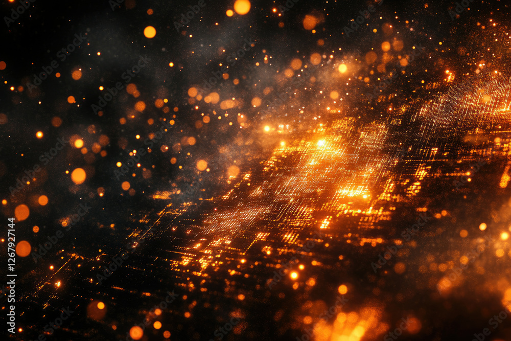 Aufkleber abstract glowing grid pattern with bokeh lights, resembling a digital cityscape or network.