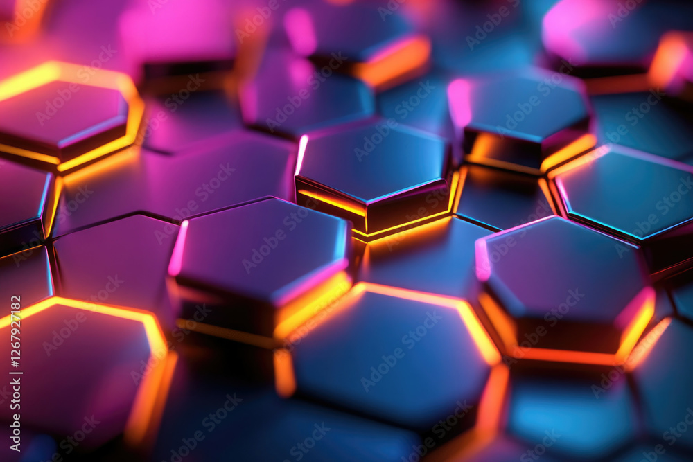 Poster Abstract 3D rendering of glowing neon hexagons forming a futuristic honeycomb pattern.