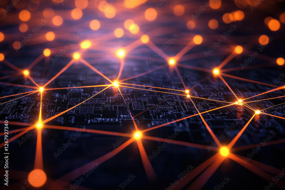 Aufkleber Abstract digital network connection, glowing nodes and lines represent data flow and interconnectedness.