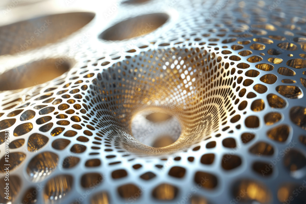 Poster Abstract 3D render of a metallic, porous, undulating surface with a central vortex.
