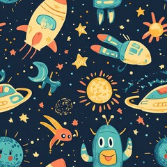 Seamless Pattern - Whimsical space adventure pattern with rockets, planets, and aliens.