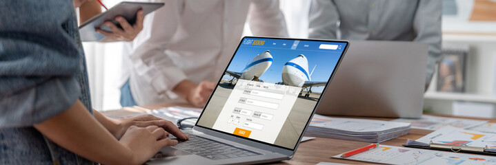 Online flight booking website provide brisk reservation system . Travel technology concept .
