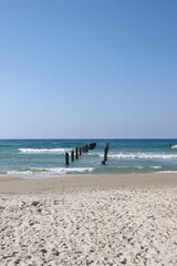 Fototapeta premium A row of old, rusty wooden piles stands in the sea, creating a wave of shadows on the water. The sandy beach and blue sky complete the pastoral seascape
