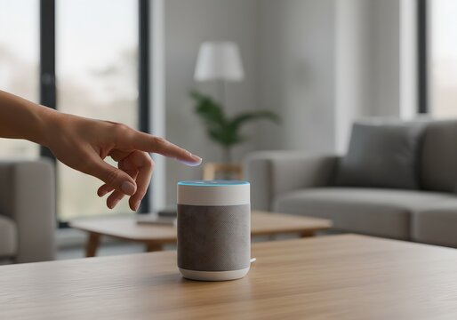 Woman interacting with smart speaker on wooden table in modern living room. Voice assistant technology for home automation and convenience. Copy space