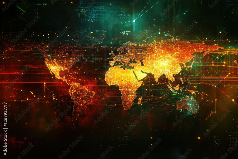 Poster Global network connections visualized as a luminous world map, showcasing interconnectedness and data flow.