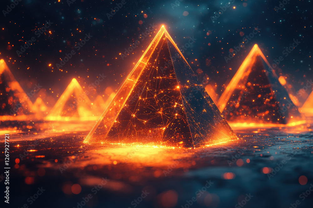 Poster glowing pyramids with fiery particles in a dark, surreal landscape.