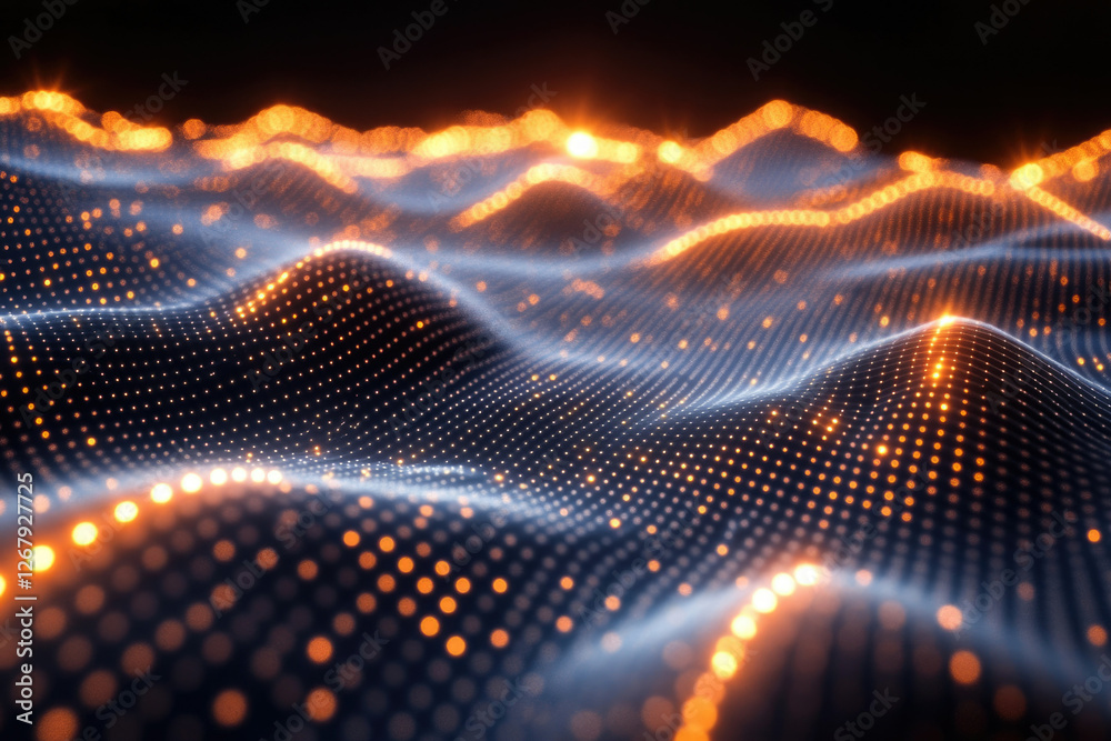Poster abstract digital landscape with glowing particles forming undulating waves and illuminated crests.