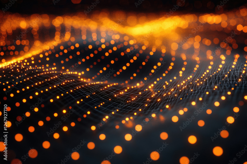 Poster Abstract 3D rendering of a glowing orange grid network, forming a wavy landscape of interconnected nodes and lights.