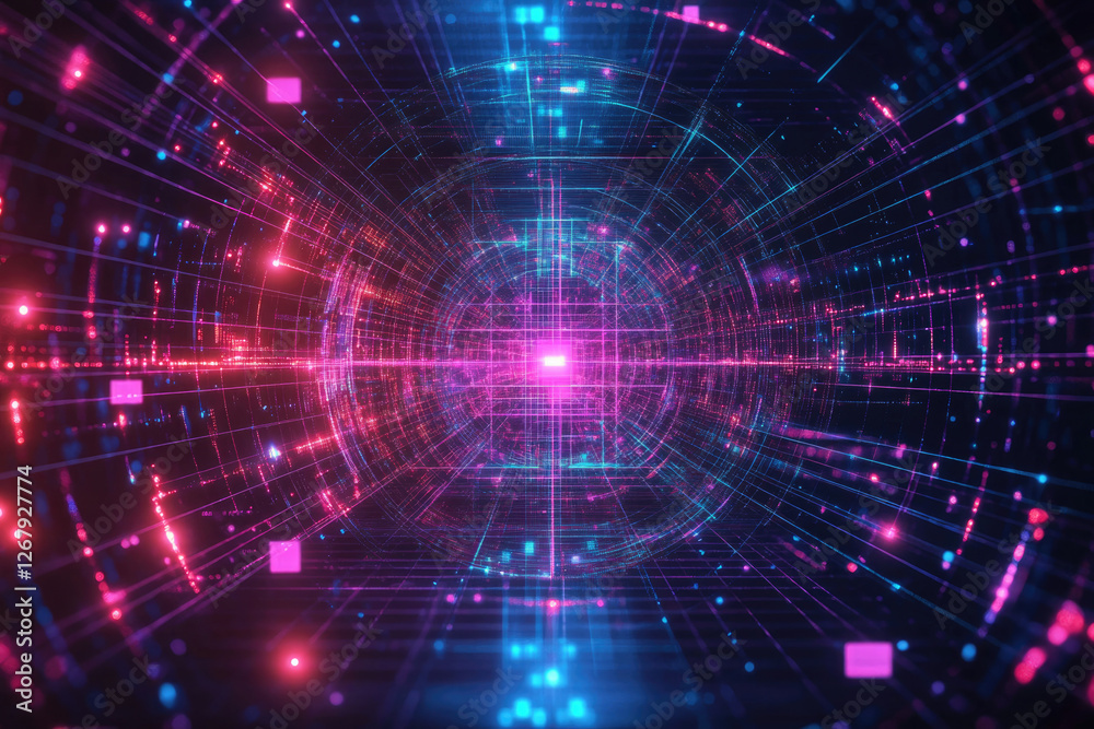 Poster abstract digital tunnel with glowing pink and blue lines, depicting data flow and futuristic technol
