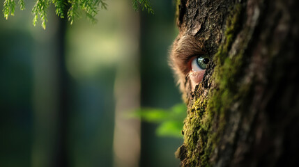 Obraz premium Enchanted forest: eye of a mystical creature among moss-covered trees