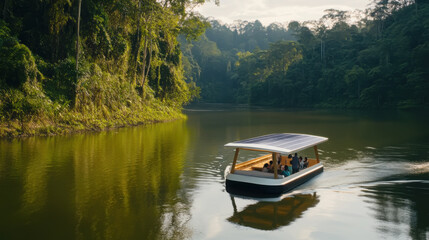 Solar powered boat navigating lush jungle river with eco-friendly design