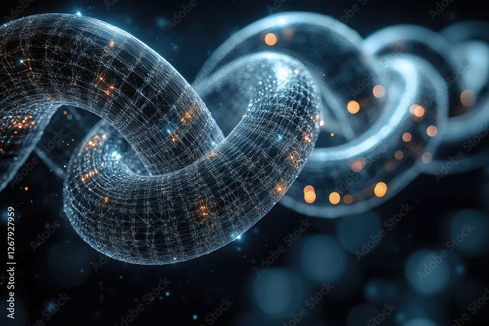 Aufkleber Abstract digital network, glowing nodes linked in a complex, swirling chain.