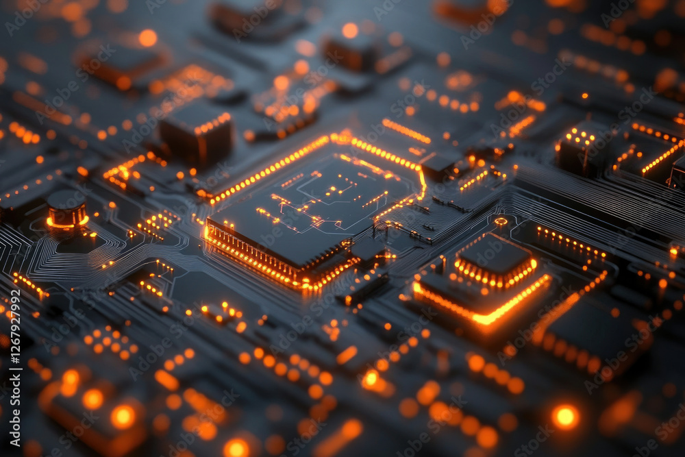 Poster close-up of a glowing circuit board, showcasing intricate electronic components and pathways.