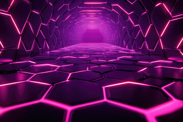 A futuristic purple neon-lit hexagonal tunnel extends to a glowing end.