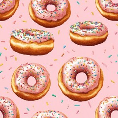 Seamless Pattern - Pink donuts with sprinkles on pink background