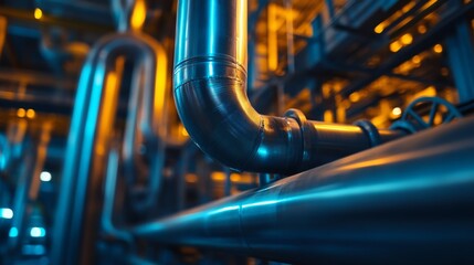 Industrial metal pipes in factory with blue and yellow lighting