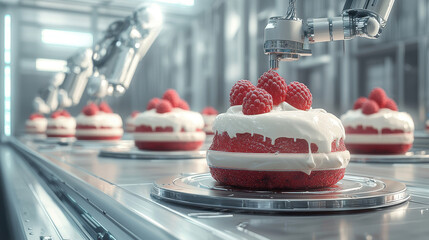 Futuristic bakery features robotic arms skillfully crafting vibrant pastries with precision in a high-tech environment