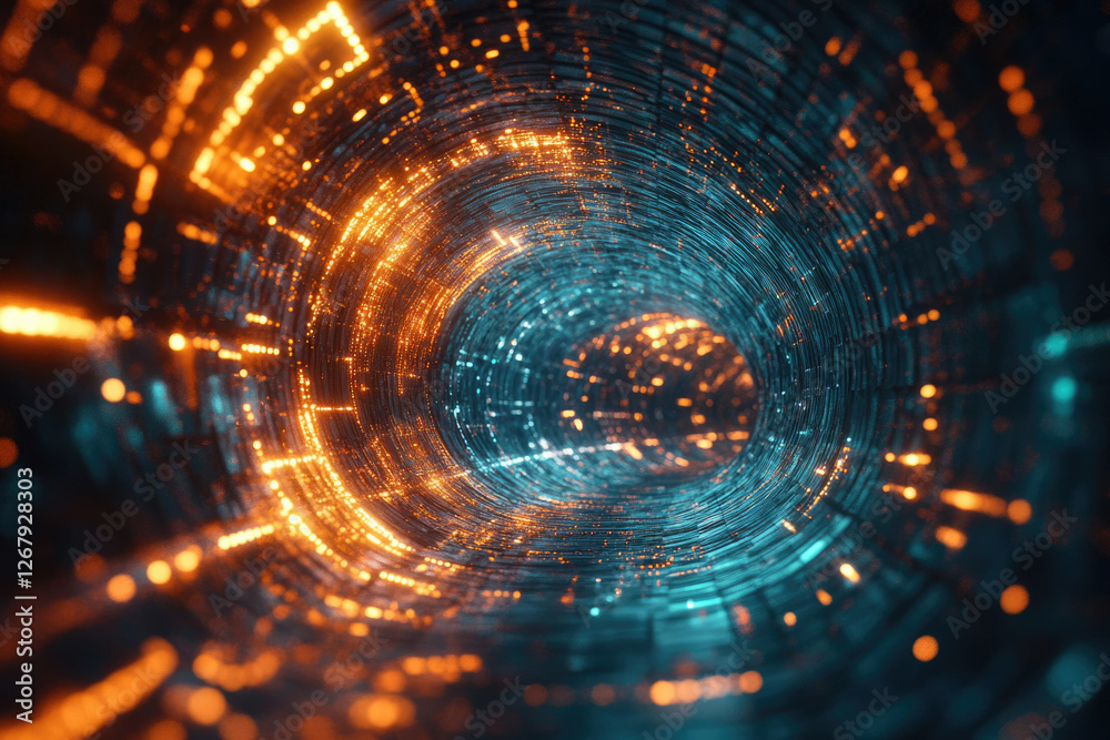 Poster Abstract digital tunnel with glowing orange and teal particles, representing data flow and technology.