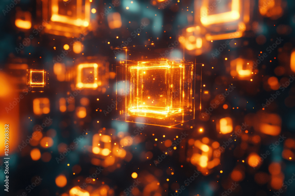 Poster glowing orange cubes and particles float in a dark, abstract digital space.