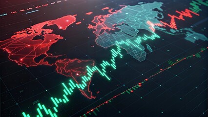 Global financial market data visualization with world map and stock charts, modern and dynamic design, copy space