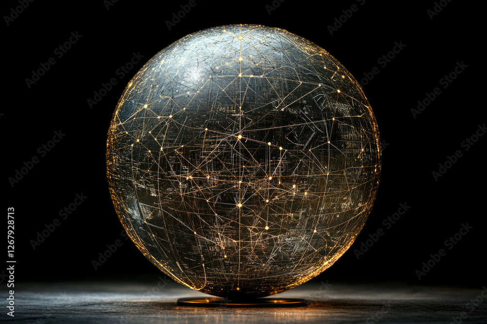 Poster A dark sphere with glowing lines connecting points, representing global network connections.
