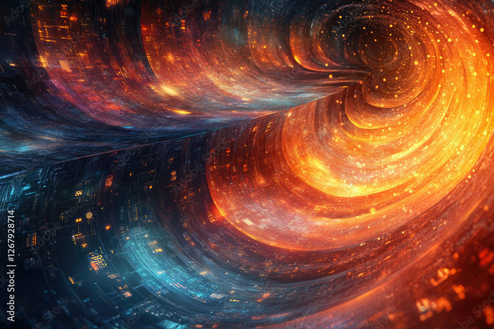Poster Abstract swirling tunnel of vibrant orange and blue digital data streams, creating a futuristic and energetic visual.