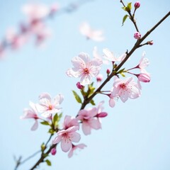 Fototapeta premium Delicate pink blossoms gently sway in the breeze on a light blue background, garden, blossoms