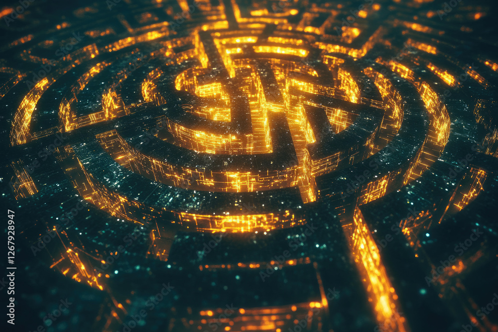 Poster A mesmerizing 3D rendering of a glowing, intricate maze structure, suggesting complexity and pathways.